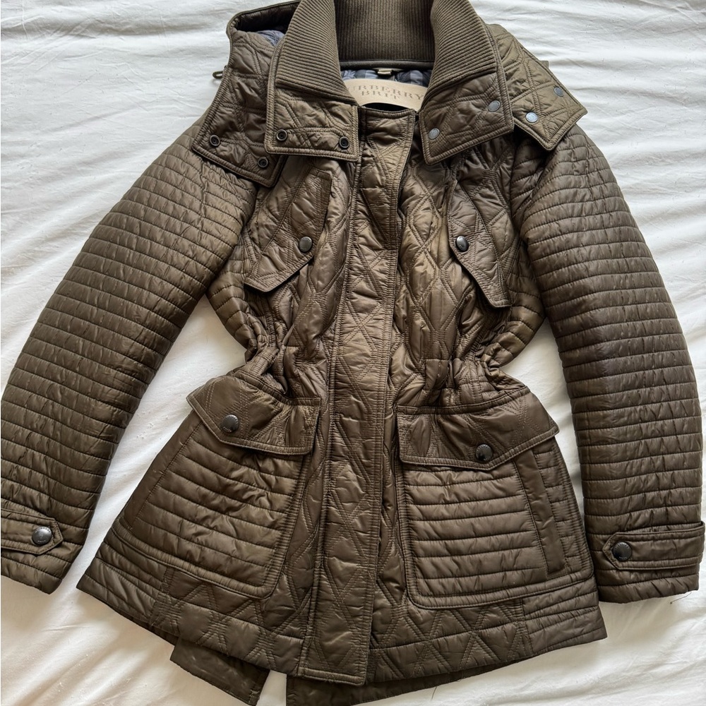 Authentic Burberry Brit Olive Green Quilted Jacket - Classic Nova Check Lining